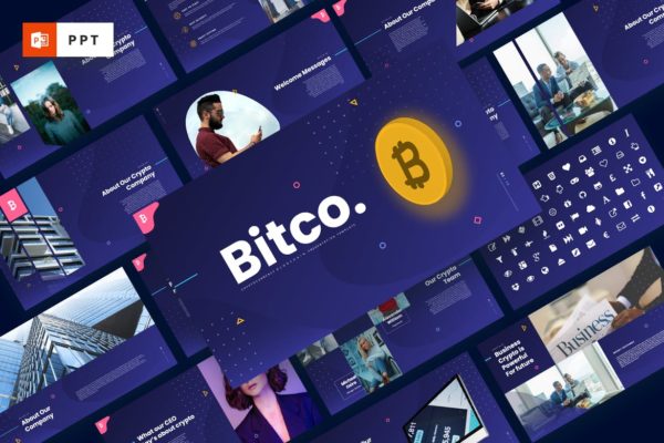 蓝色科技感背景比特币PPT金融主题模板 Bitco – Cryptocurrency Powerpoint Template