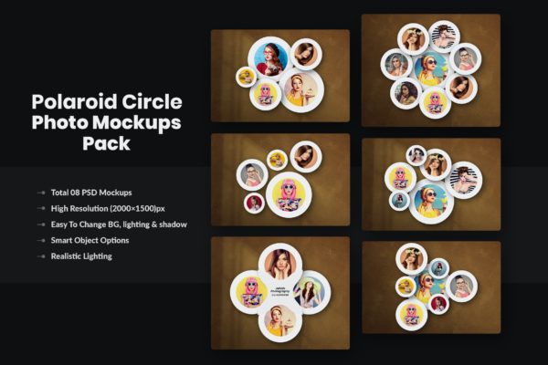 宝丽来圆圈照片样机素材 Polaroid Circle Photo Mockups Pack