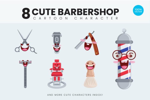 8款卡通风格理发店矢量图形插画素材v1 8 Cute Barbershop Vector Illustration 1