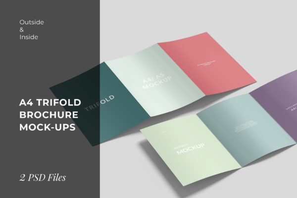 A4尺寸三折页宣传册内页&封面设计样机 Outside and Inside of A4 Trifold Brochure Mockups