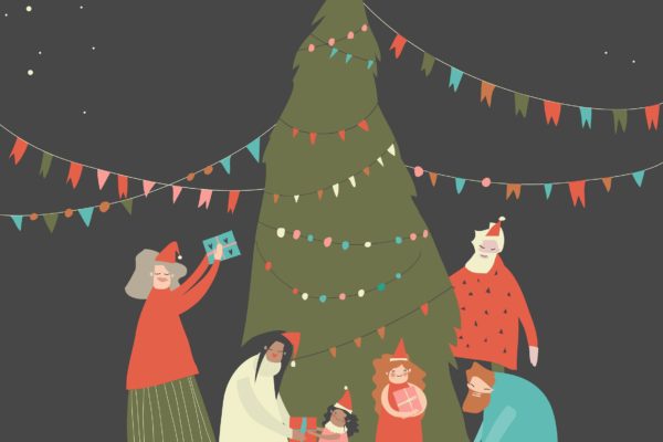 幸福家庭庆祝圣诞节主题矢量插画 Happy family celebrate Christmas. Joyful emotions.