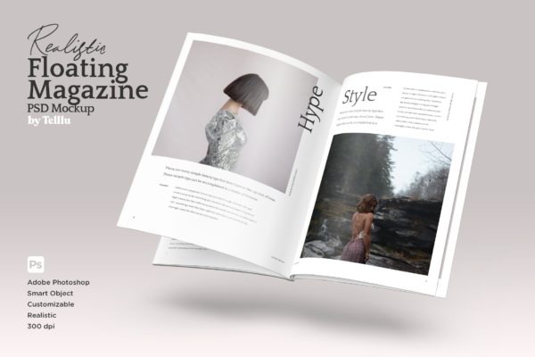 浮动效果杂志内页版式设计样机 Magazine Mockup V01 Floating