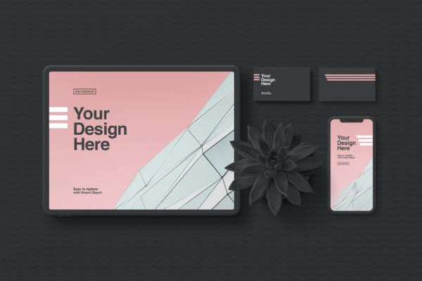 极简黑色风格企业文具&平板电脑样机模板 Stationery & Tablet Mockup Minimal Black