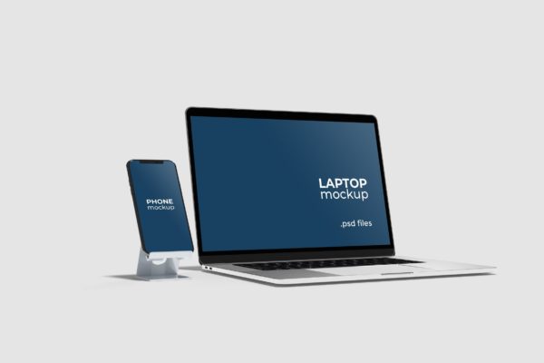 带手机支架的iPhone&笔记本电脑样机 Phone with stand and Laptop Mockups
