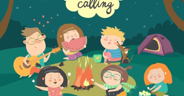 儿童露营篝火派对矢量卡通手绘插画素材 Kids sitting around bonfire and roasting marshmall