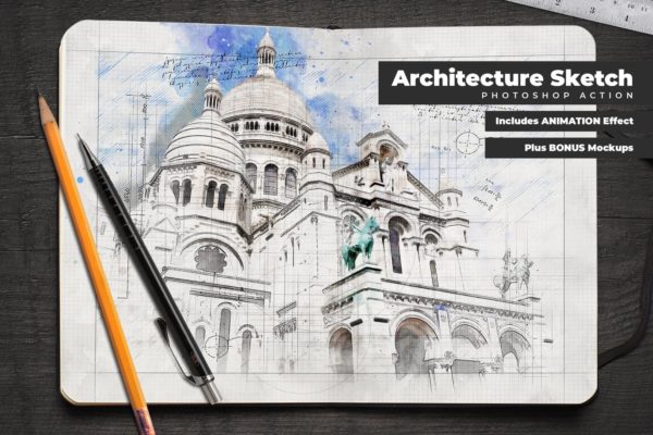 建筑图纸素描照片特效Photoshop动作 Animated Architecture Sketch Photoshop Action