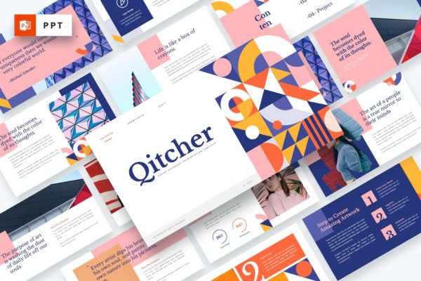 彩色几何元素设计Powerpoint模板 Qitcher – Color Geometry Powerpoint Template