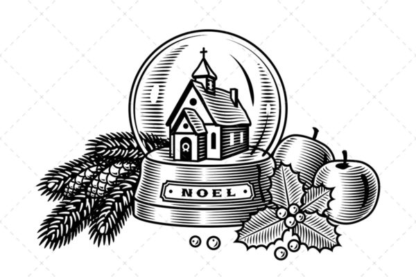 黑白设计风格复古圣诞玻璃球元素插画素材 Vintage Christmas Still Life Black And White