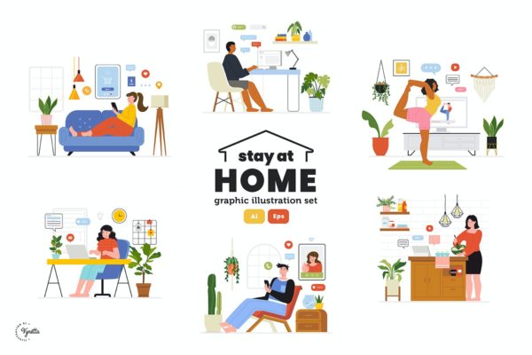 留在家中主题矢量插画素材 Stay at Home Graphic illustration