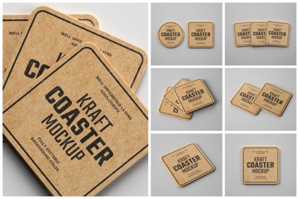 复古牛皮纸饮料杯垫标签设计样机模板集 Kraft Beverage Coaster Mockup Set