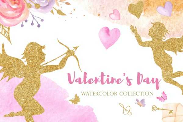 浪漫情人节粉金色水彩花卉插画 Watercolor Valentine’s Day. Pink and Gold