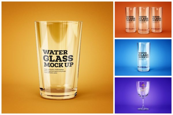 多款不同形状的酒精饮料玻璃杯模板合集 Water and Cocktail Glass Mockup Set