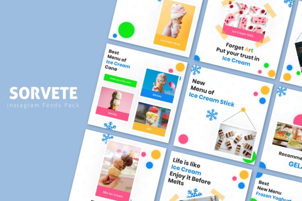 清爽多彩冰淇淋Instagram贴图背景故事模板 Sorvete – Instagram Feeds Pack
