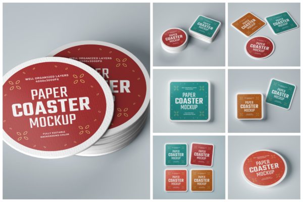 纸质饮料杯垫品牌设计样机集 Paper Beverage Coaster Mockup Set