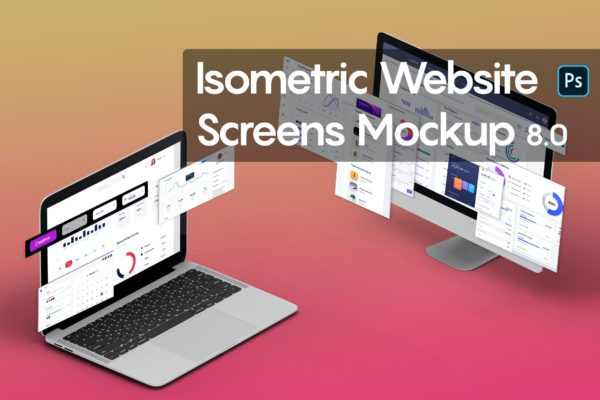笔记本电脑屏幕网站页面样机模板V.8 Isometric Website Mockup 8.0