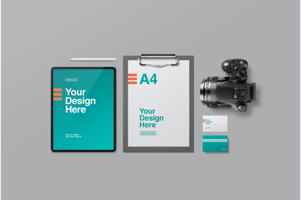 平板电脑&写字板&相机效果图展示样机 Tablet, Clipboard & Camera Mockup