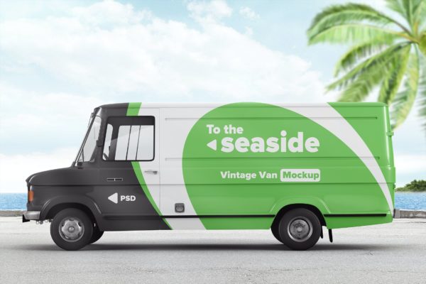 老式货车面包车品牌&车身广告设计样机 Vintage Van Branding Mockup