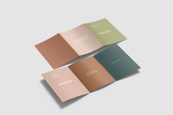 A4三折页小册子封面&内页设计样机 Inside and Outside of A4 Trifold Brochure Mockups