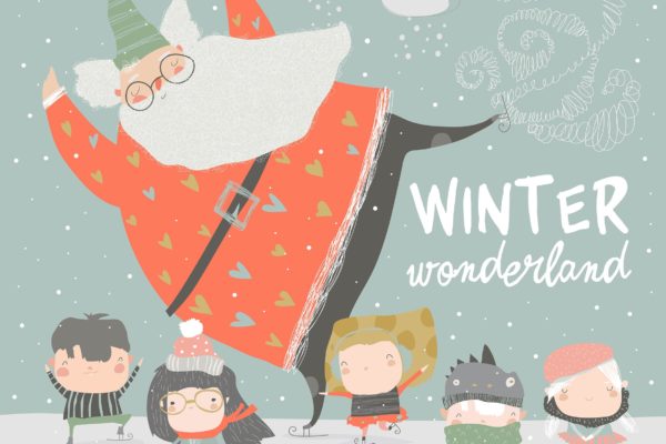 儿童圣诞老人滑冰场景矢量卡通手绘插画素材 Funny Santa Claus skating with cute kids. Vector