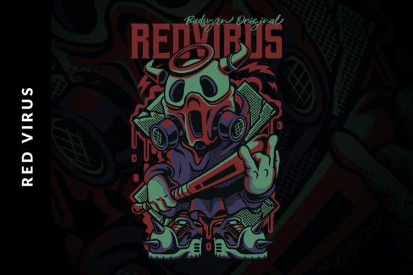 红色病毒牛魔王卡通矢量插画T恤印花设计 Red Virus Illustration