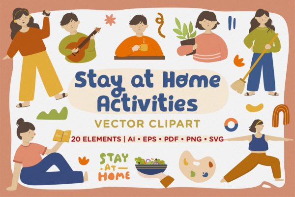 “待在家里”娱乐活动矢量涂鸦剪贴画 Stay at Home Activities Vector Clipart Pack