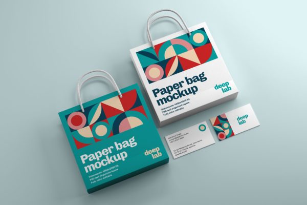 纸质购物袋&名片品牌设计俯视图样机 Paper Bag and Business Card Branding Mockup