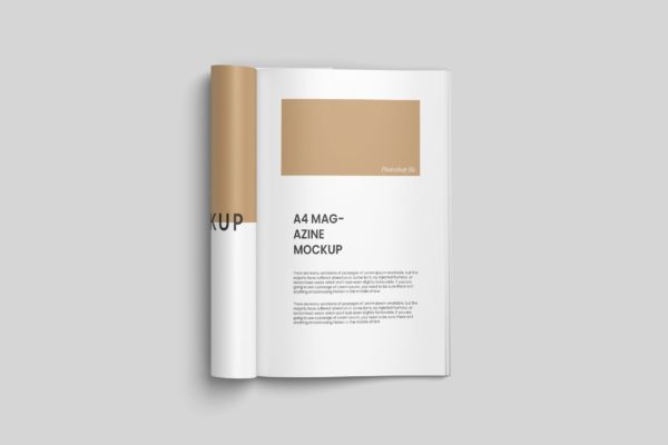 卷页效果A4杂志内页排版设计样机 Rolled A4 Magazine Halfread Mockup