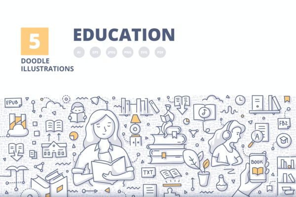 5款教育和学习主题手绘涂鸦插画素材 5 Education Doodle Banner Concept