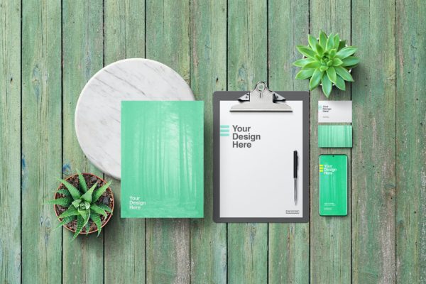 绿色木板背景企业文具品牌VI设计样机 Stationery Mockup – Green Wooden