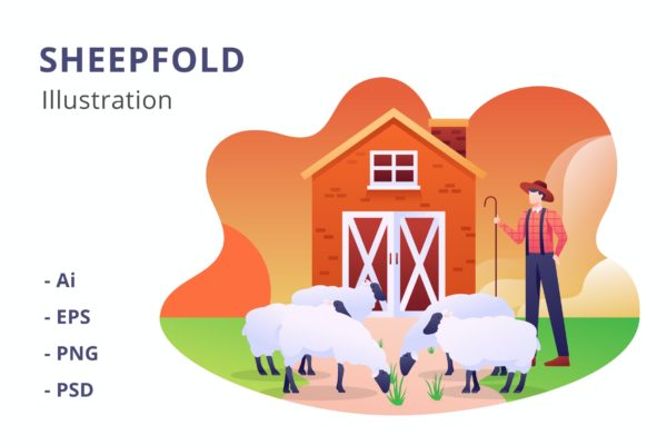 羊圈农场主题矢量插画素材 Sheepfold Illustration