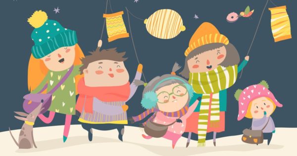 儿童节日庆祝活动场景矢量卡通手绘插画素材 Happy kids celebrating Saint Martins day. Vector