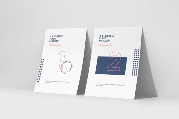 两款A4正面视图预览传单/海报模板 Two A4 Poster Mockups right angle view