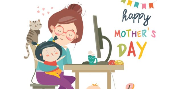 母亲节主题矢量卡通手绘插画素材 Working at home mother, freelancer with two kids.