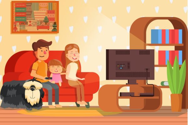 电视观看场景卡通手绘插画设计素材v2 Living Room Activity – Vector Illustration