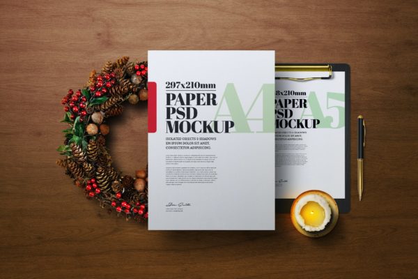 圣诞花环A4/A5尺寸海报剪贴板样机 Christmas A4 A5 Clipboard Christmas Wreath Mockup