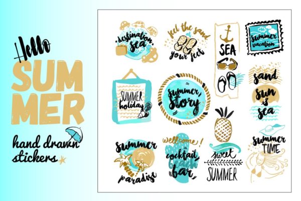手工绘制的夏季水彩徽章插画集 Set of hand drawn watercolor signs of summer.