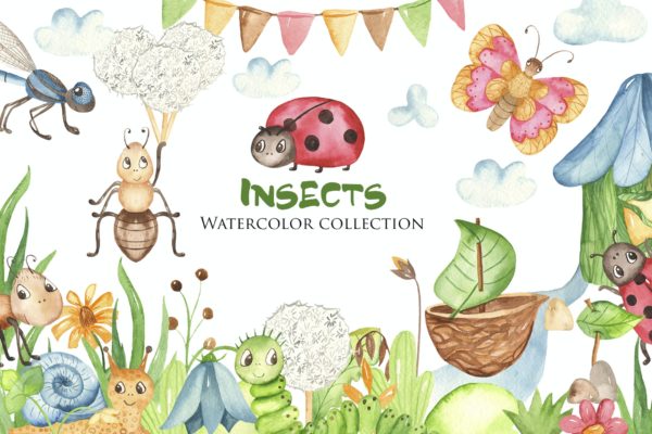 夏日场景可爱水彩昆虫剪贴画 Watercolor Insects Clipart