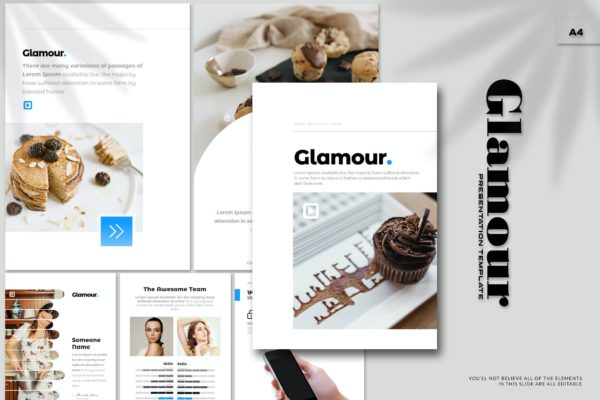 A4尺寸甜品烹饪课程介绍PowerPoint模板 Glamour – A4 Powerpoint Template