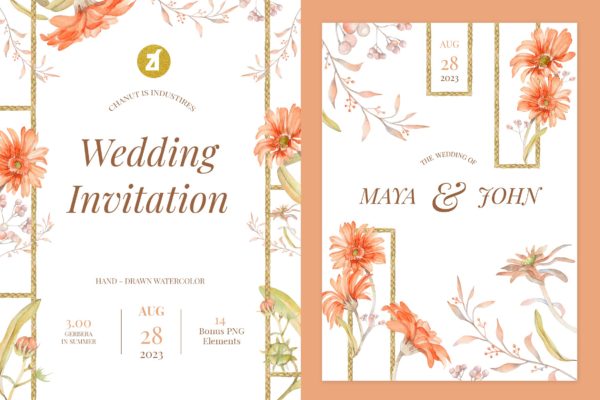 手绘花卉水彩婚礼请柬设计套件 Floral Hand-drawn Watercolor Wedding Invitation