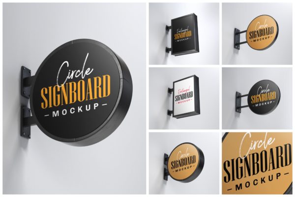 街道悬挂Logo标志/店招设计效果图样机模板 Street Signboard Mockup Set