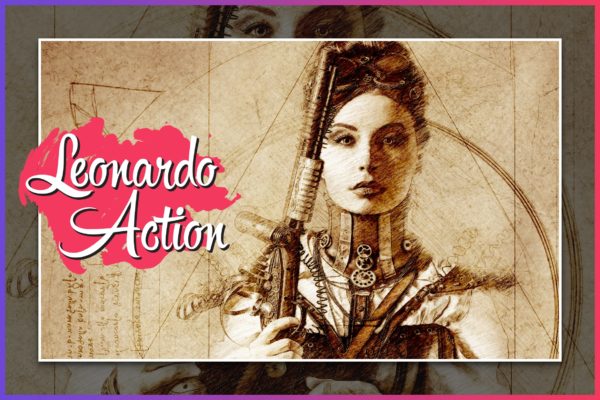 复古泛黄色线条素描CS4+ Photoshop动作 Leonardo CS4+ Photoshop Action