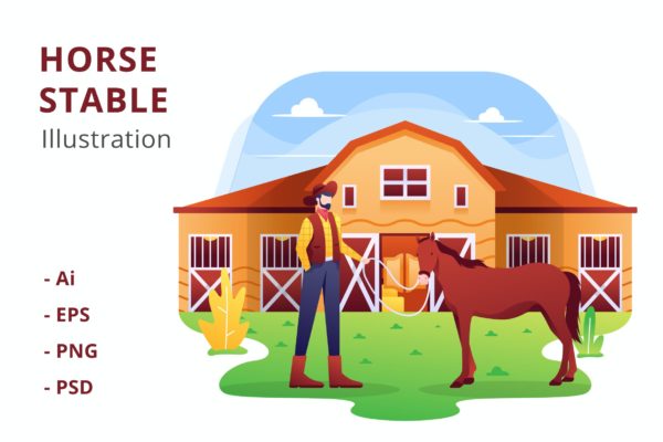 马厩农场主题矢量插画素材 Horse Stable Illustration