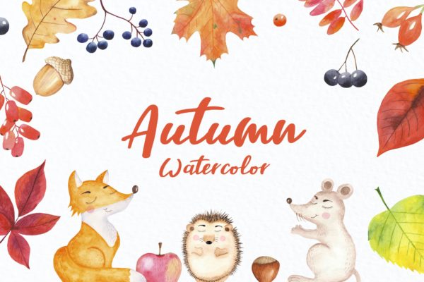 秋季五彩缤纷森林动物水彩画元素集 Watercolor Autumn and forest animals