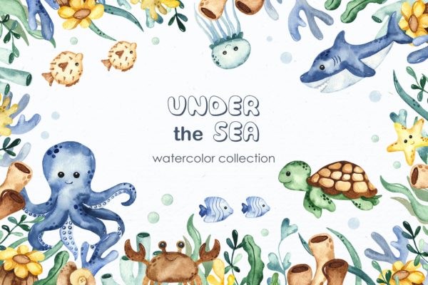 海洋生物主题水彩剪贴画素材 Watercolor Under the sea Clipart