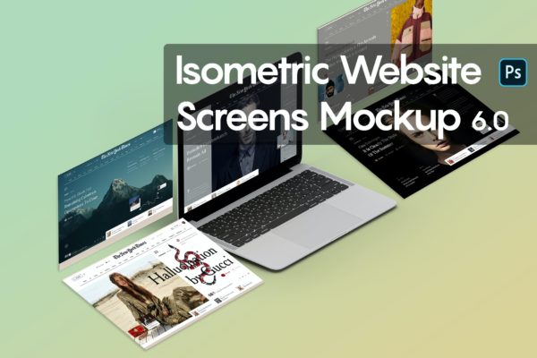 笔记本电脑组合屏幕设计网站界面样机V.6 Isometric Website Mockup 6.0