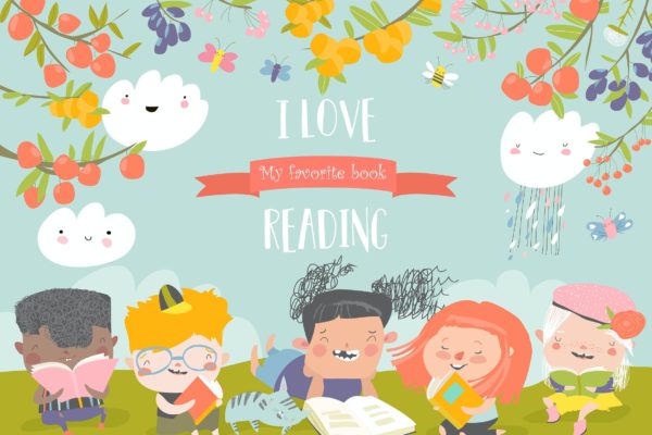 儿童户外阅读场景卡通手绘插画素材v1 Happy kids reading books on green meadow. Vector