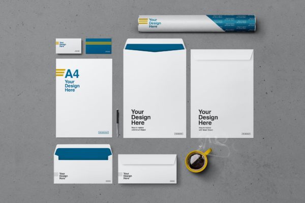 水泥背景企业文具品牌VI设计俯视图样机 Stationery Mockup – Cement Background