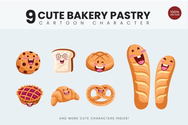 9款可爱设计风面包糕点矢量图形插画素材v1 9 Cute Bakery Pastry Vector Illustration Vol.1