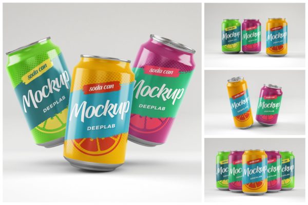 柠檬水&苏打水饮料易拉罐样机集 Soda Can Mockup Set