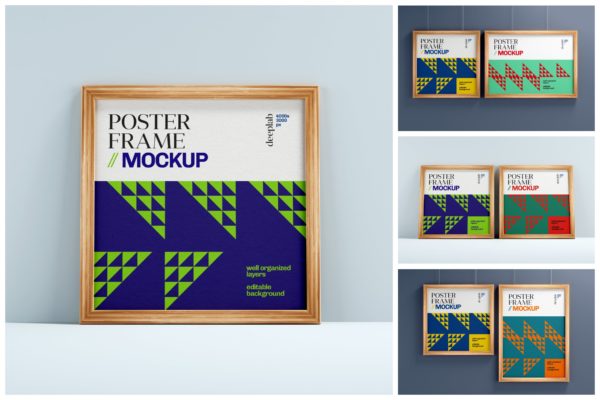 带木框的海报展示样机模板 Poster Mockup Set With Wood Frame